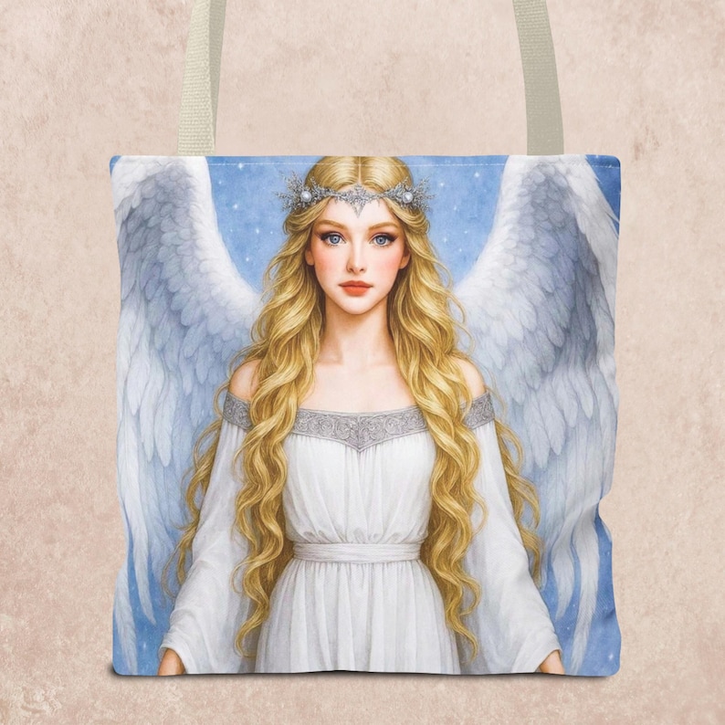 Puede incluir: Bolso tote con una ilustraci&oacute;n digital de una mujer rubia de ojos azules, vestida con un vestido blanco y una corona plateada. Grandes alas blancas est&aacute;n detr&aacute;s de ella. El fondo es azul con estrellas blancas. El bolso tiene asas beige.
