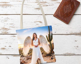 Desert Angel Tote Bag - Western Sunset Art, Faith-Inspired Gift, 13"x 13"