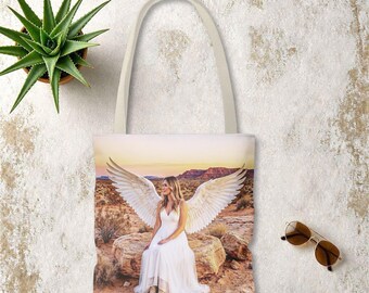Desert Angel Tote Bag - Western Sunset Art, Faith-Inspired Shoulder Bag, 13"x 13"