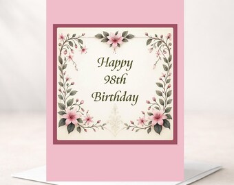 Tarjeta de 98.º cumpleaños - Personalizable (interior) - Elegante bendición de cumpleaños en el reverso - Flores rosas