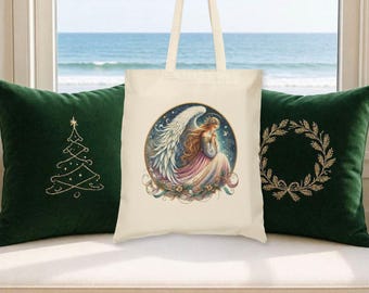 Christmas Angel Tote Bag Soft Hues Celestial Guardian Angel Carryall Holiday Spirit Gift