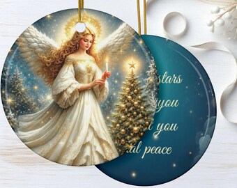 Angel Ornament, Ceramic Double-Sided With Blessing Christmas Ornament, Holiday Tree Decor