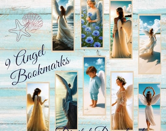 Angel Bookmarks Set of 9 Digital Download Seaside Angel Art Printable For Notes Lists Gift Card Journal Scrapbook