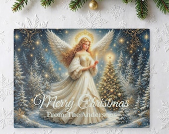 Christmas Angel Glass Cutting Board - Personalizable Serene Holiday Kitchen Decor Gift 11" X 15"