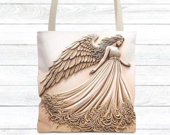 Bolso tote con ángel de arena esculpido: bolso de hombro de playa duradero, regalo para profesora, regalo de cumpleaños para ella.