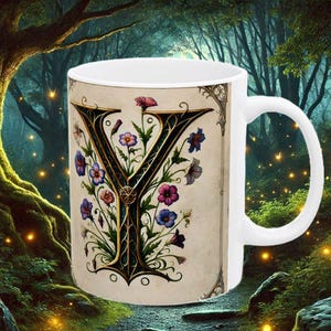 Letra Y Personalizada Inicial Monograma Caneca Presente Élfico Flores Castelo Núcleo Conto de Fadas Xícara de Chá Amante de Café Tolkien Inspirado em Elfos