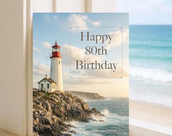 80th Birthday Card - Tranquil Lighthouse  - 5" x 7" -  Personalizable Milestone Celebration - Coastal Charm