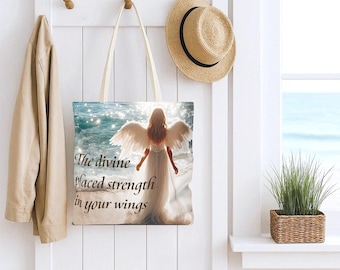 Angel Tote Bag 13x13: Ethereal Sea Angel Art, Spiritual Strength Quote, Beach tote, Errands, Travel, Grocery, Carry All, Book bag