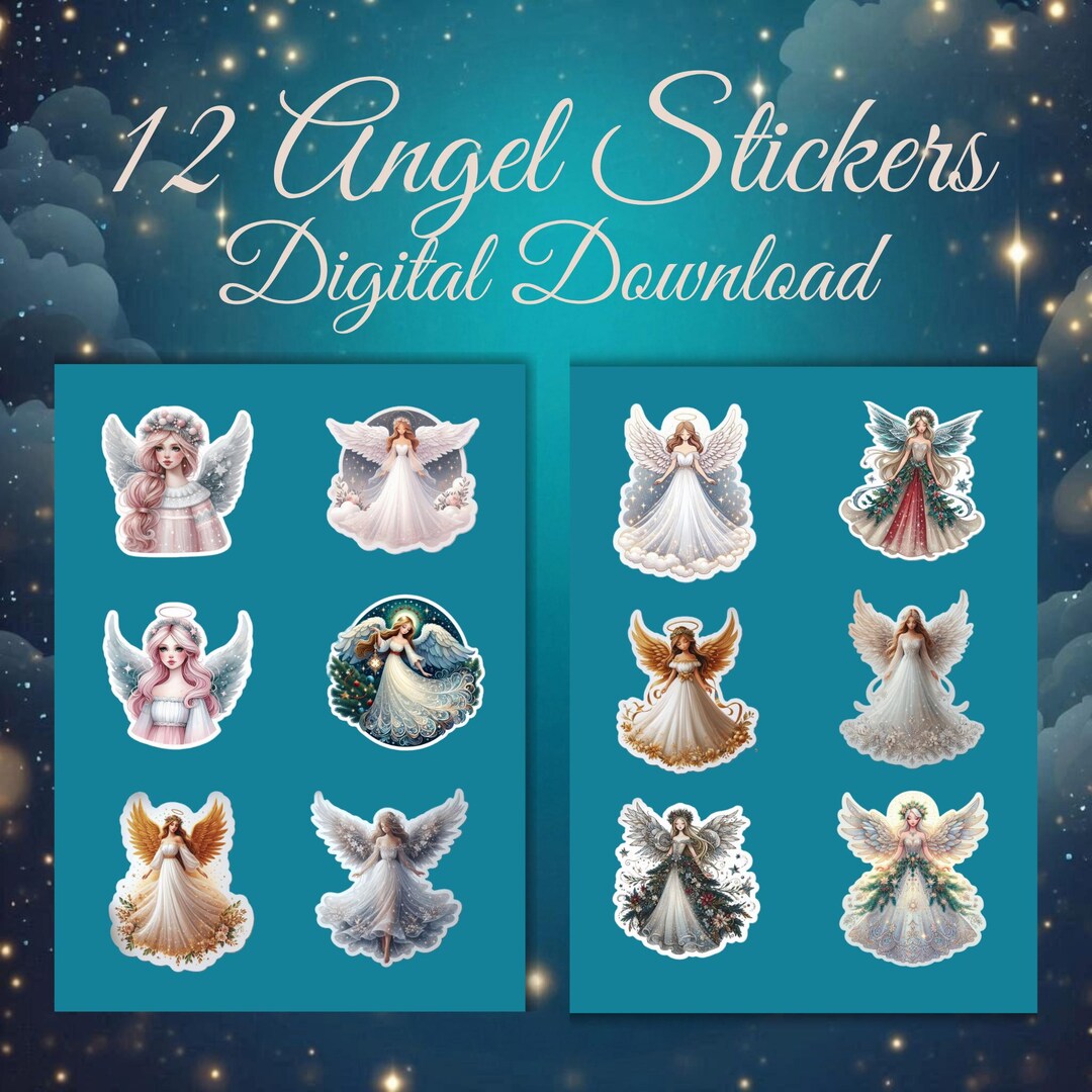 Simple Angel Sticker Angel Stickers Set of 12 Digital Download Christmas Holiday Crafts ...