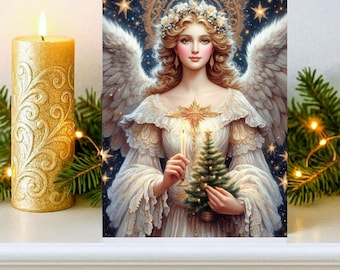 May include: A rectangular print featuring an angel with long wavy hair, a floral crown, and large white wings. The angel wears a white lace dress and holds a small lit candle and a miniature Christmas tree against a dark starry background.