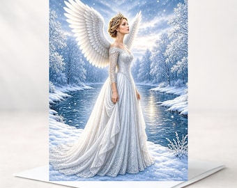 Angel Christmas Cards, Celestial Snowy Lake Religious Holiday Greeting, 5 X 7, Multiple Quantities