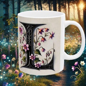 Letra L Personalizado Inicial Monograma Presente Élfico Flores Caneca Castelo Núcleo Conto de Fadas Xícara de Chá Amante de Café Tolkien Inspirado