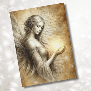 May include: A vintage-style print featuring a serene fairy with long, flowing blonde hair and delicate wings. She holds a glowing orb in her hands, set against a sepia-toned background with script and sparkling accents. The artwork evokes a sense of fantasy and ethereal beauty.