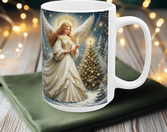 Angel Christmas Mug, Serene Winter Scene Holiday Gift Coffee Cup Festive Drinkware Tea or Cocoa Mug 11oz or 15oz