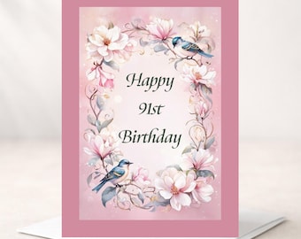 91e verjaardagskaart - personaliseerbaar (binnenkant) - elegante verjaardagszegen op achterkant - roze bloemen