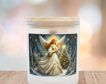 Frosted Glass Christmas Angel Candle, Winter Woodland Scene, 11 oz with lid, Wooden Wick, Festive Religious Holiday Gift