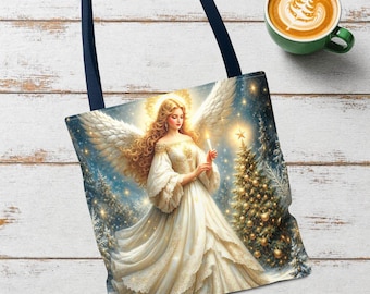 Christmas Angel Tote Bag - Holiday Shopping Bag Gift Festive Shoulder Bag Grocery Errand Travel Tote Angelic Guardian Present