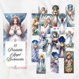 May include: A collection of 15 printable angel bookmarks. The bookmarks feature watercolor illustrations of angels with wings, halos, and flowing gowns. The color palette includes soft blues, whites, and touches of gold. The text "15 Printable Angel Bookmarks" is displayed on the left.