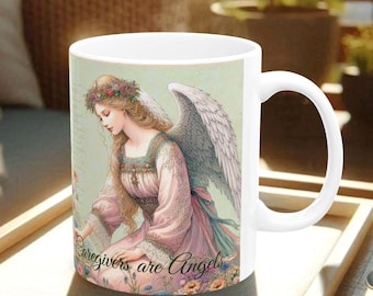 Taza para cuidadores con diseño floral de ángel. Regalo de agradecimiento para seres queridos, familiares, enfermeros, auxiliares, personal de cuidados paliativos, profesionales de la salud y cuidadores de acogida.