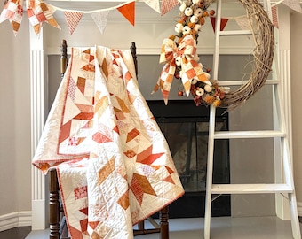 Handmade Fall Throw Quilt | Modern Patchwork Quilt | Autumn Lap Blanket | Rust & Cream Heirloom Quilt | Cozy Farmhouse Decor