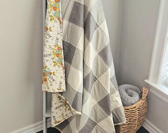 Handmade Taupe Gingham Patchwork Quilt: Rustic Floral Farmhouse Decor