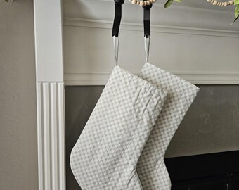 Light Blue Plaid Quilted Christmas Stocking – Handmade Farmhouse Holiday Decor