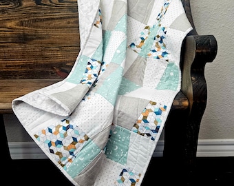 Handmade Baby Boy Quilt: Modern Patchwork Cotton Blanket (30x42.5)