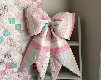 Oversized Quilted Bow Decor | Shabby Chic stripped | Pink Mint Cottagecore Home Accent