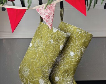 Handmade Quilted Christmas Stocking – Green Floral Holiday Décor