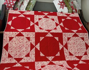 Handmade Christmas Star Throw Quilt - Red & Cream Holiday Decor