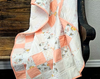 Handmade Baby Quilt – Peach and Bee Patchwork Blanket, Gender Neutral Nursery Décor