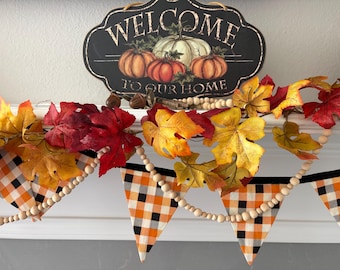 Handmade Fall Halloween Fabric Bunting Garland – Plaid Autumn Orange and Black Decor