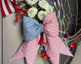 Handmade Quilted Patriotic Bow | Red White & Blue Americana Decor | Farmhouse Fourth of July Decoration