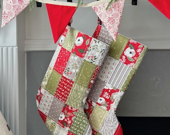 Handmade Quilted Patchwork Christmas Stocking – Cozy Farmhouse Holiday Decor, Heirloom Fabric Stocking