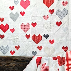 Heart Patchwork Quilt: Red & Gray Cotton Throw, Handmade