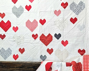 Heart Patchwork Quilt: Red & Gray Cotton Throw, Handmade