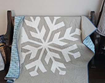 Handmade Snowflake Throw Quilt – Taupe Winter Decor, Reversible Cotton Lap Quilt