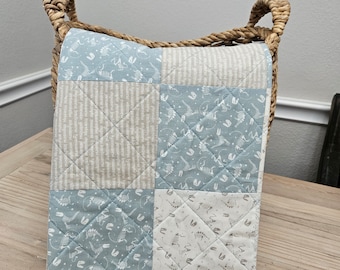 Baby Boy Patchwork Dinosaur Quilt | Blue and Tan | Handmade Quilt