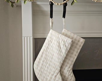 Light Tan Plaid Quilted Christmas Stocking – Handmade Farmhouse Holiday Decor