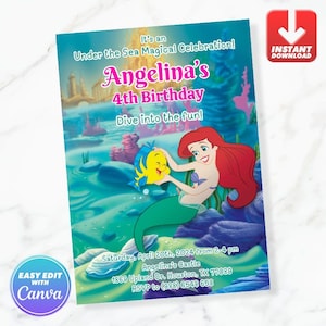 Princess Ariel love Flounder Birthday Invitation Little Mermaid Birthday Invite Editable Template Instant Download