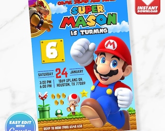 Super Mario Bros Brother World Einladung Einladen bearbeitbare Canva Vorlage Sofortiger digitaler Download