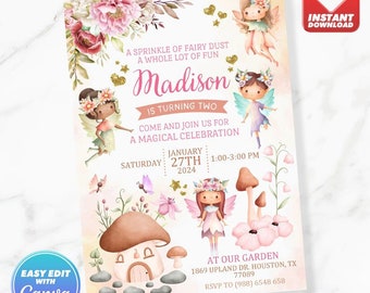 Fairy Birthday Invitation Printable Editable Template Instant Download