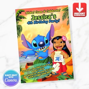 Lilo and Stitch Birthday Invitation Birthday Invite Editable Template Instant Download