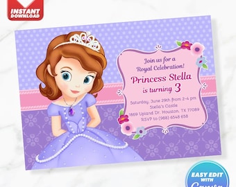 Sofia The First Birthday Invitation Princess Sofia Birthday Invite Editable Template Instant Download
