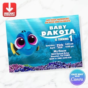 Finding Baby Dory Birthday Invitation Invite Editable Canva Template Instant Download