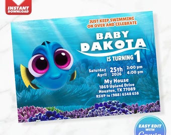 Findet Baby Dory Geburtstagseinladung Einladen bearbeitbare Canva Vorlage Sofort-Download