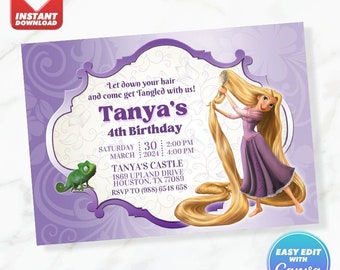 Rapunzel Geburtstagseinladung Prinzessin Rapunzel Geburtstag einladen bearbeitbare Vorlage Sofortdownload