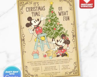 Mickey Mouse Classic Christmas Party Invitation Minnie Vintage Invite Editable Canva Template Instant Download