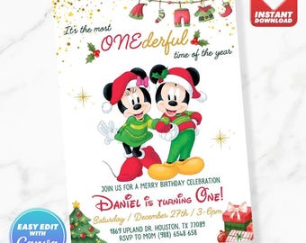 Mickey Mouse Christmas Birthday Invitation Minnie Winter Birthday Invite Editable Template Instant Download