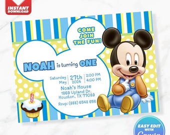 Niedliche Baby Mickey Geburtstagseinladung Baby Mickey Geburtstag einladen bearbeitbare Vorlage Sofort-Download